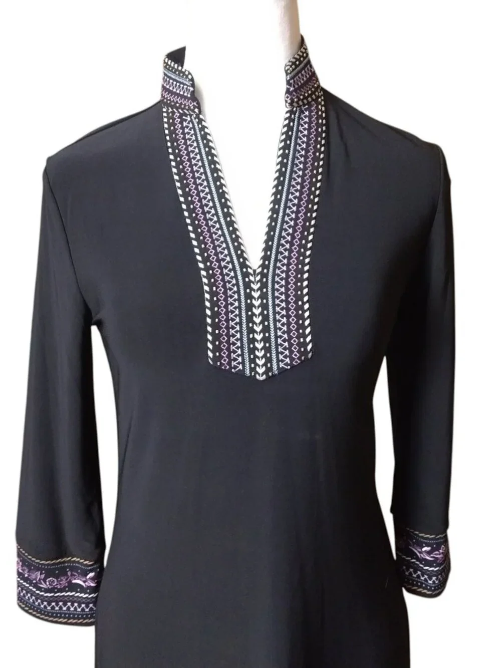 White House Black Market Black Beaded Neckline XS 3/4 Sleeve Dress Office Boho